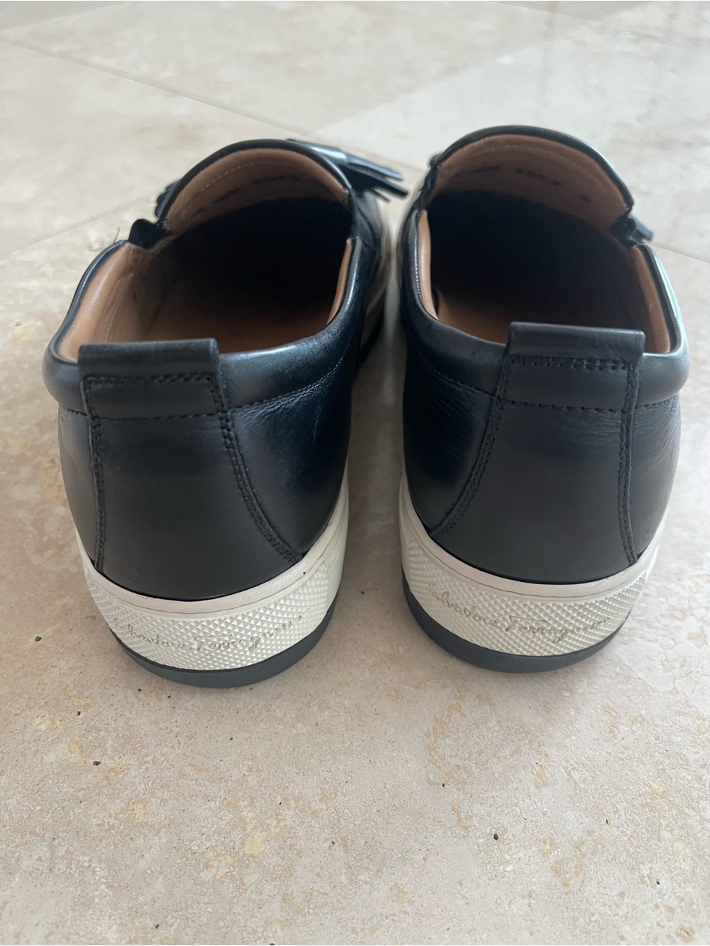 Salvatore Ferragamo Black Leather Tassel Slip-On Loafers with White Outsole - Picture 2 of 8